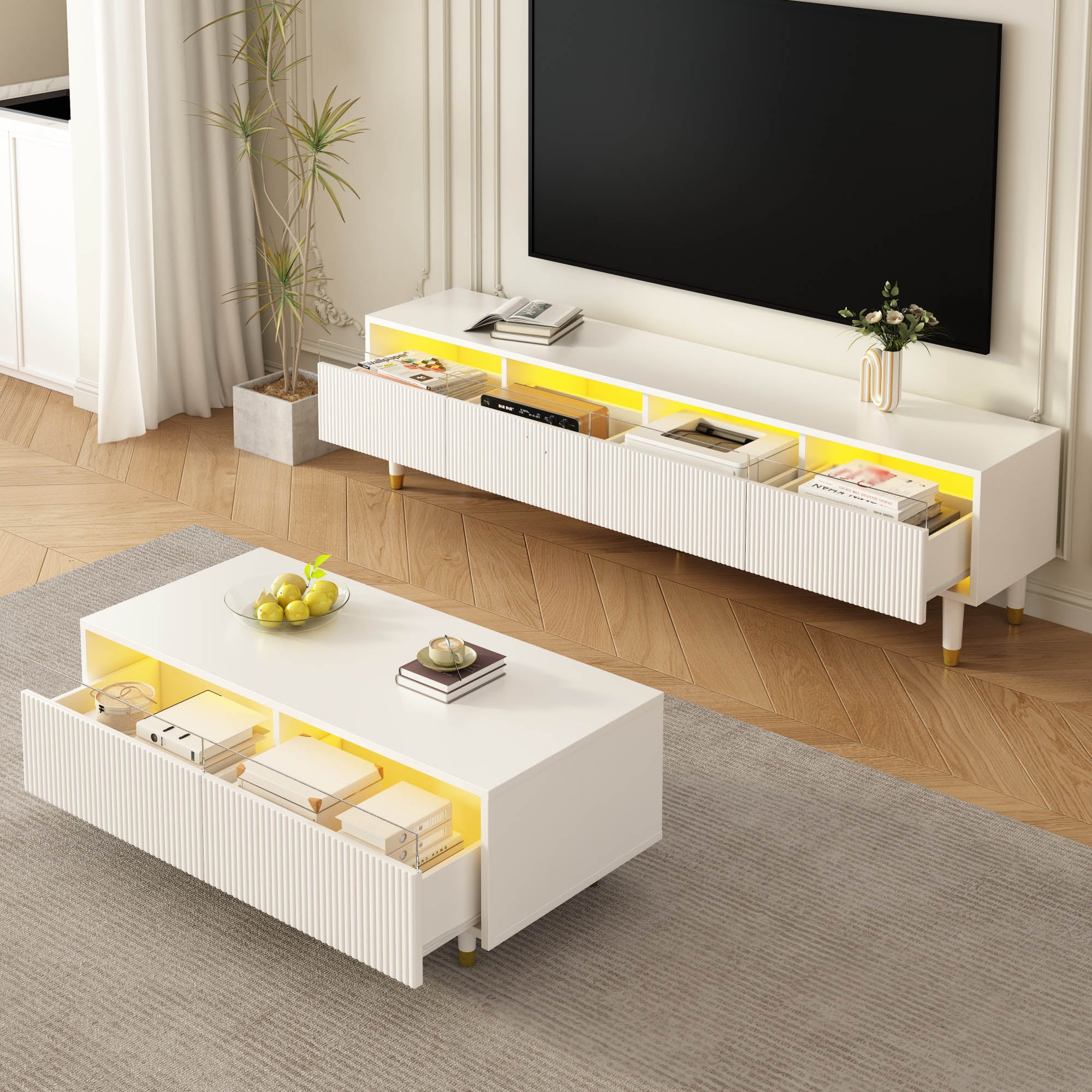 Mueble TV TRORHUN De 6 Compartimentos Con Arcos, 140x38x48 Cm, Blanco, Estilo Moderno Mueble Tv [en.casa