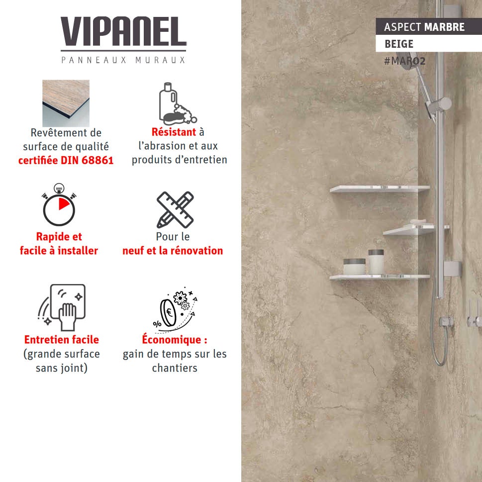 Panneau mural VIPANEL Rénovation rapide pour salle de bain, marbre beige mat 100 x 210 cm, ep. 3 mm - 4