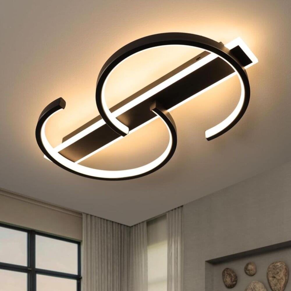 Czarna, ściemnialna lampa sufitowa LED, 35 W, z pilotem, 2 pierścieniami, do salonu, sypialni, biura lub łazienki. Nowoczesne oświetlenie. 40 cm