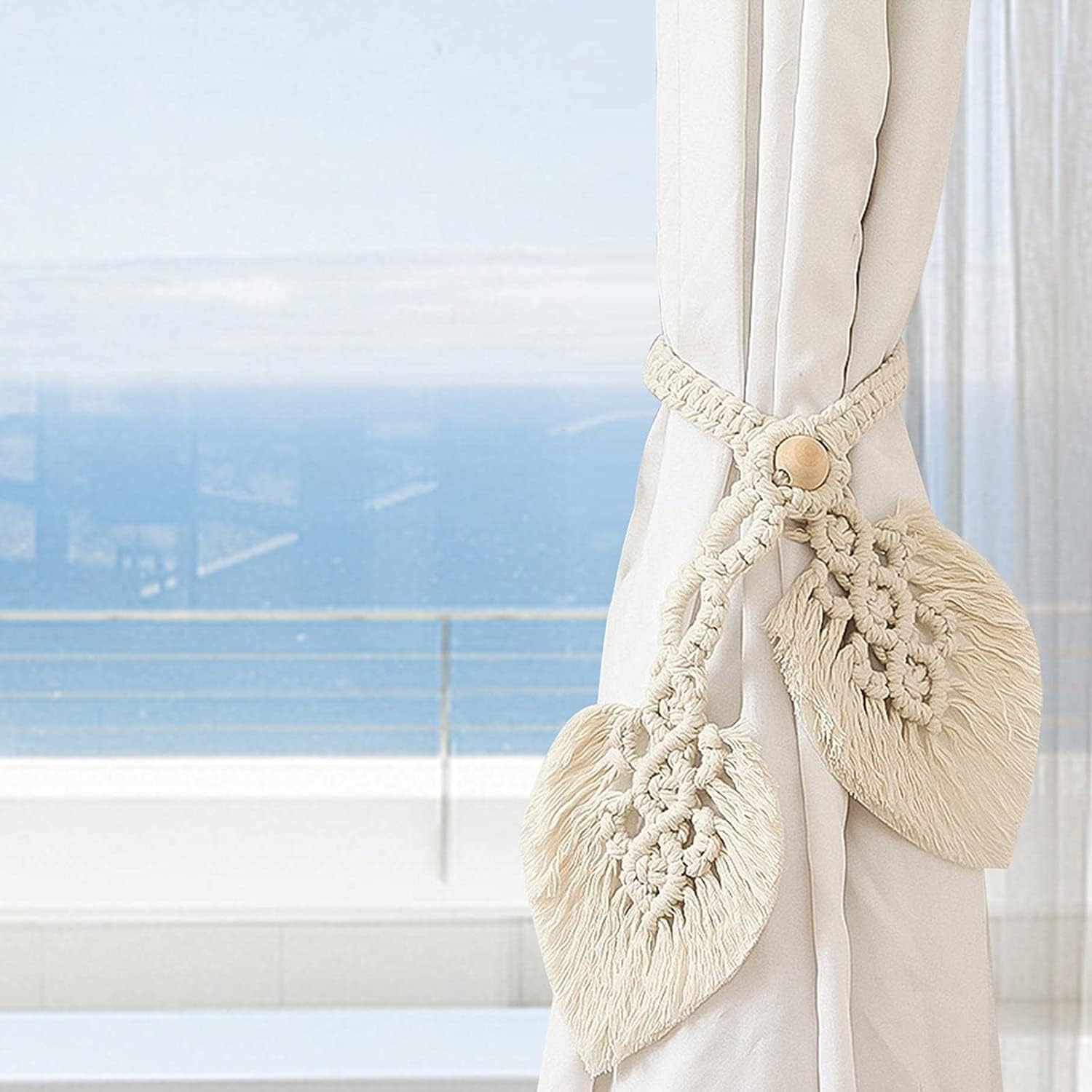 2 pièces porte-rideaux Boho, coton naturel, embrasses de rideaux en corde, faites à la main, attaches de rideaux tissées, Beige - 5
