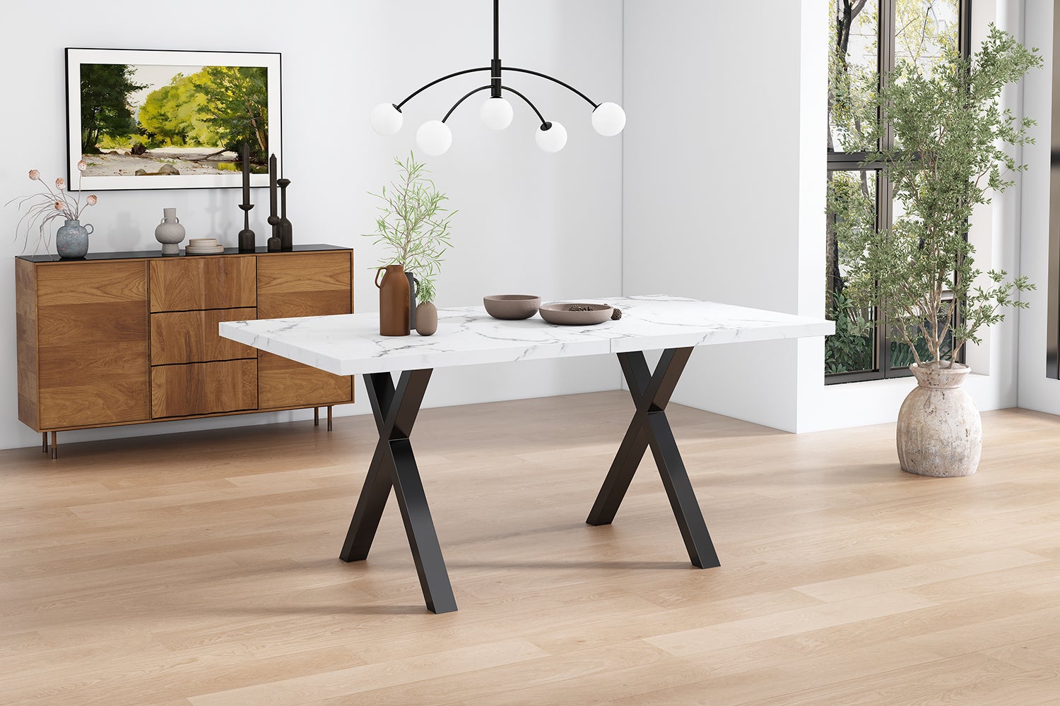 Stół jadalny prostokątny dla 4-6 osób - 140 x 80 x 76 cm - Płyta MDF i metal - Wzór marmuru - Biały + czarny - 4