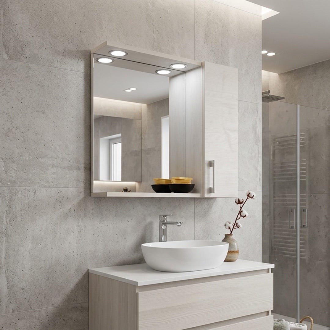 Espejo de baño de roble blanco con luz led