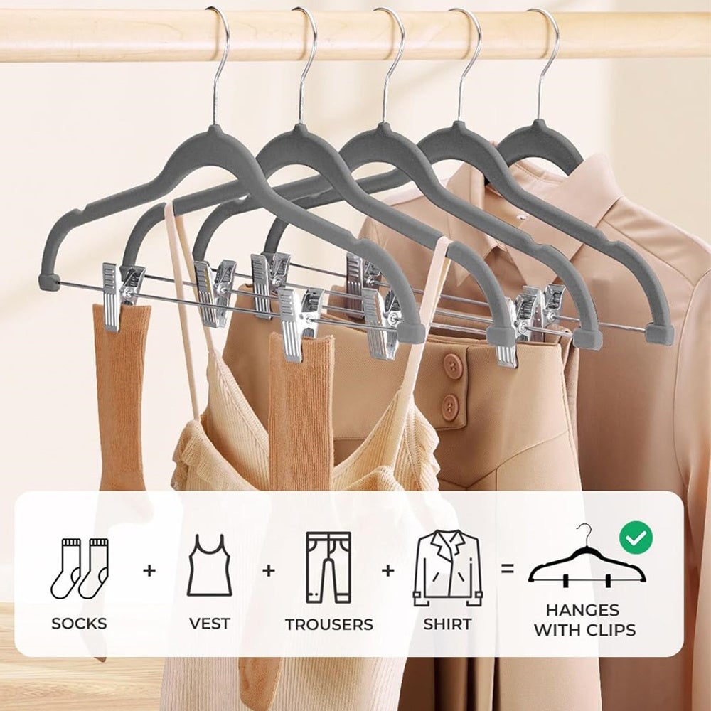 Confezione da 10 grucce in velluto grigio per cappotti, pantaloni e abiti; robuste grucce in feltro antiscivolo, reggono fino a 2,3 kg - 2