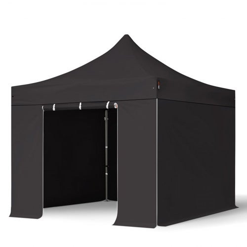 3x3 m gazebo pieghevole PVC ignifugo con 4 laterali, PREMIUM acciaio, nero