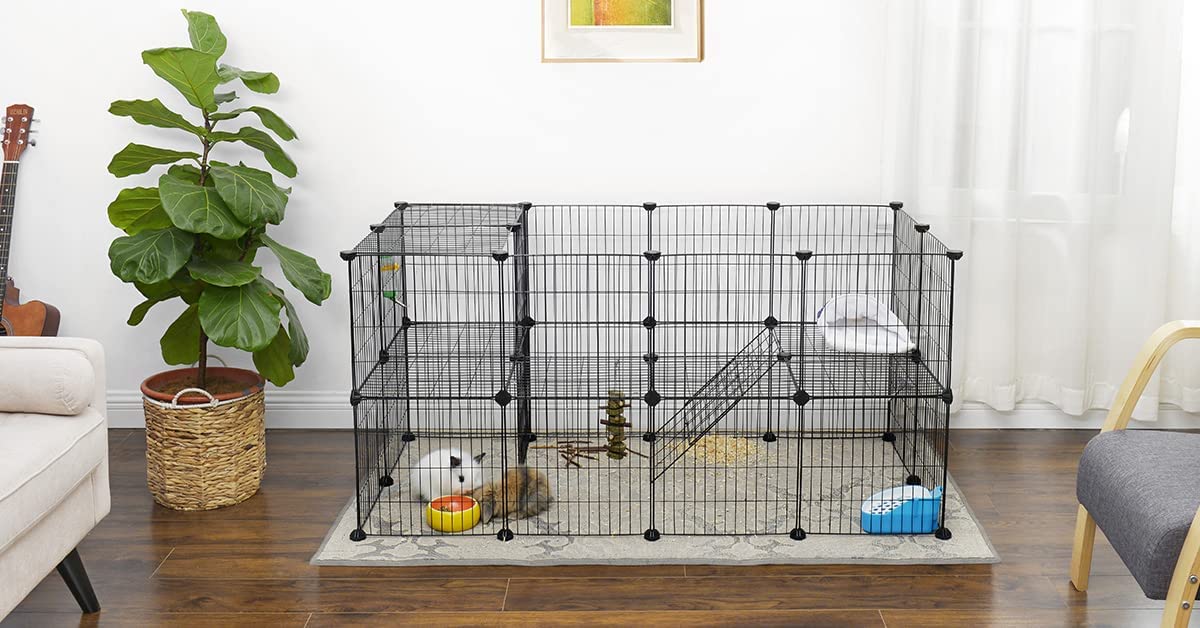 SONGMICS Clôture pour Animaux Domestiques, 2 Niveaux, Enclos Modulable, pour Petits Animaux, Hamsters, Lapins, Cochon d’Inde, 143 x 73 x 71 cm, Noir - 3