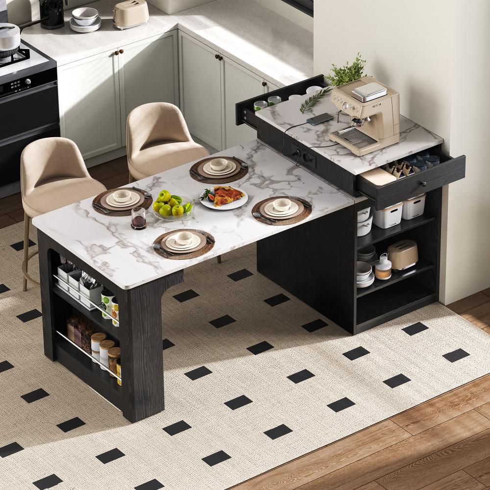 Îlot de cuisine avec roulettes et table extensible – Design marbré, prise intégrée, buffet multifonction pour cuisine et salle à manger - 2