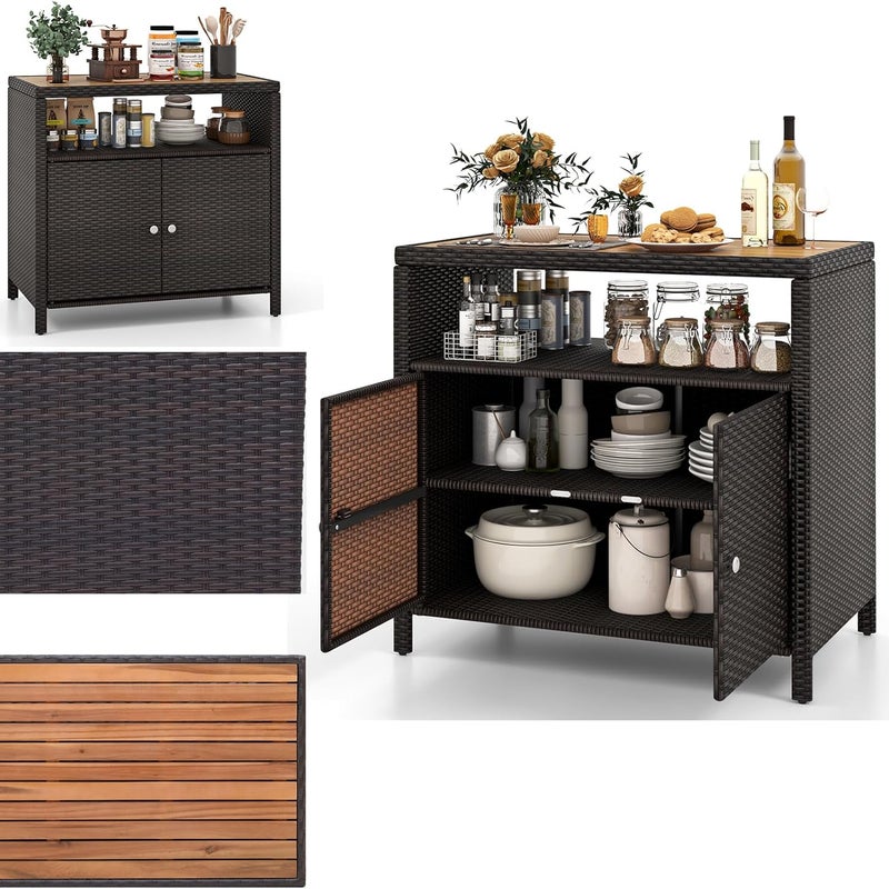 Szafka Ogrodowa z Rattanu, Duży Regał 90 x 53 cm z Drewna Akacjowego, Kredens Kuchenny z 4 Regałami Wewnątrz (Brązowy)