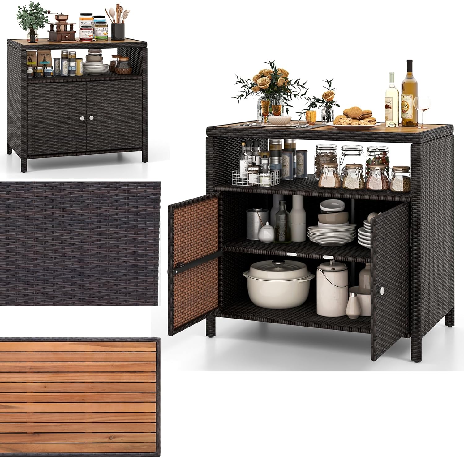 Szafka Ogrodowa z Rattanu, Duży Regał 90 x 53 cm z Drewna Akacjowego, Kredens Kuchenny z 4 Regałami Wewnątrz (Brązowy)