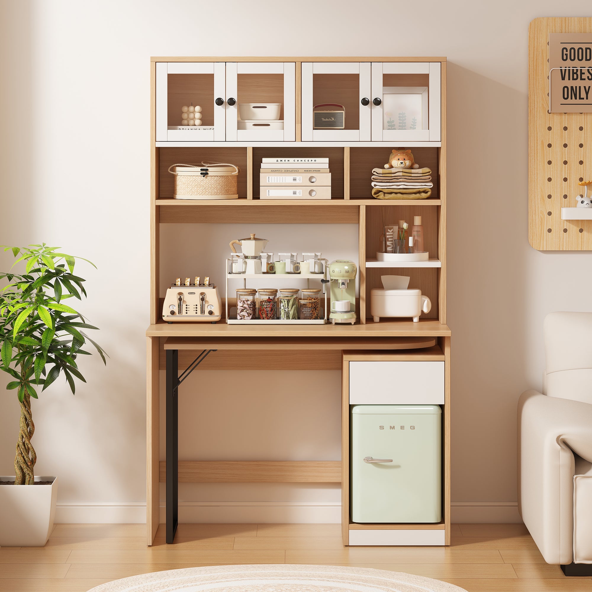 Bureau extensible d'ordinateur avec 1 tiroir, 4 portes et bibliothèque - 110 x 55 x 180 cm - bois MDF - naturel + blanc - 3