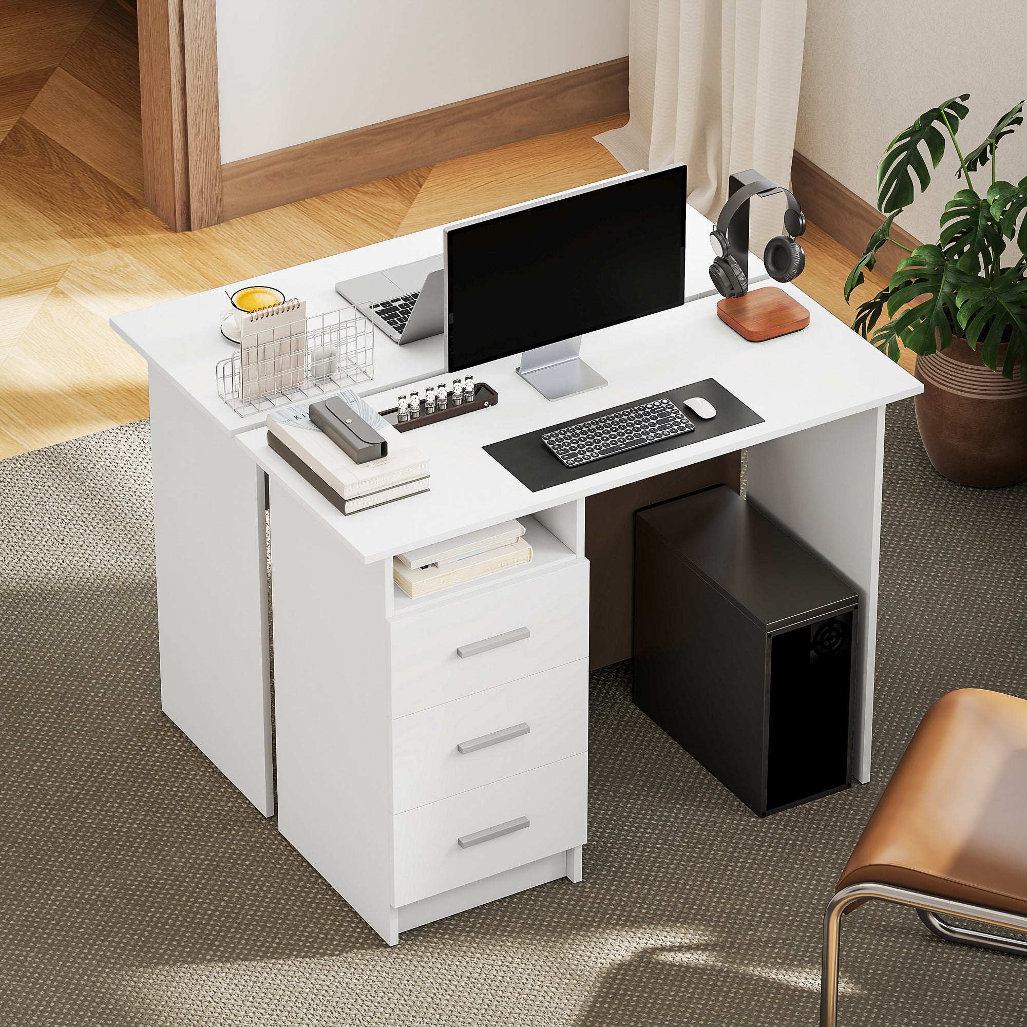 HOMCOM Scrivania Moderna in Legno con 3 Cassetti e Ripiano Aperto, 100x40x75 cm, Bianca e Marrone - 6