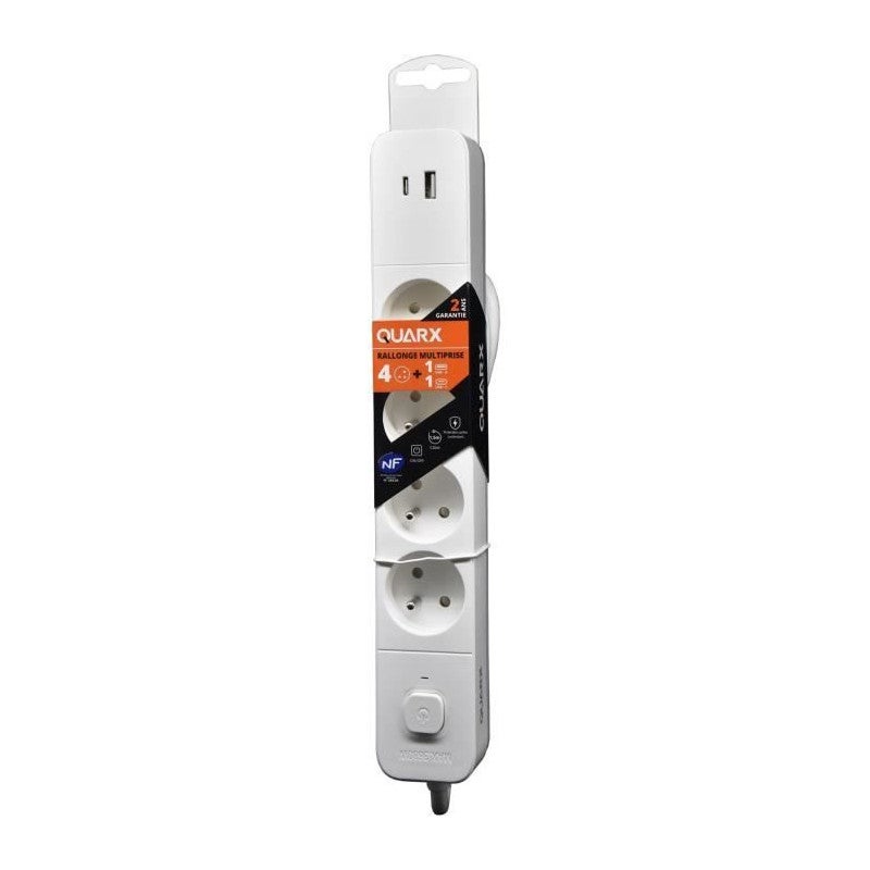 Listwa zasilająca QUARX z 4 bezpiecznymi gniazdkami i portami USB Quick Charge Biały i Szary