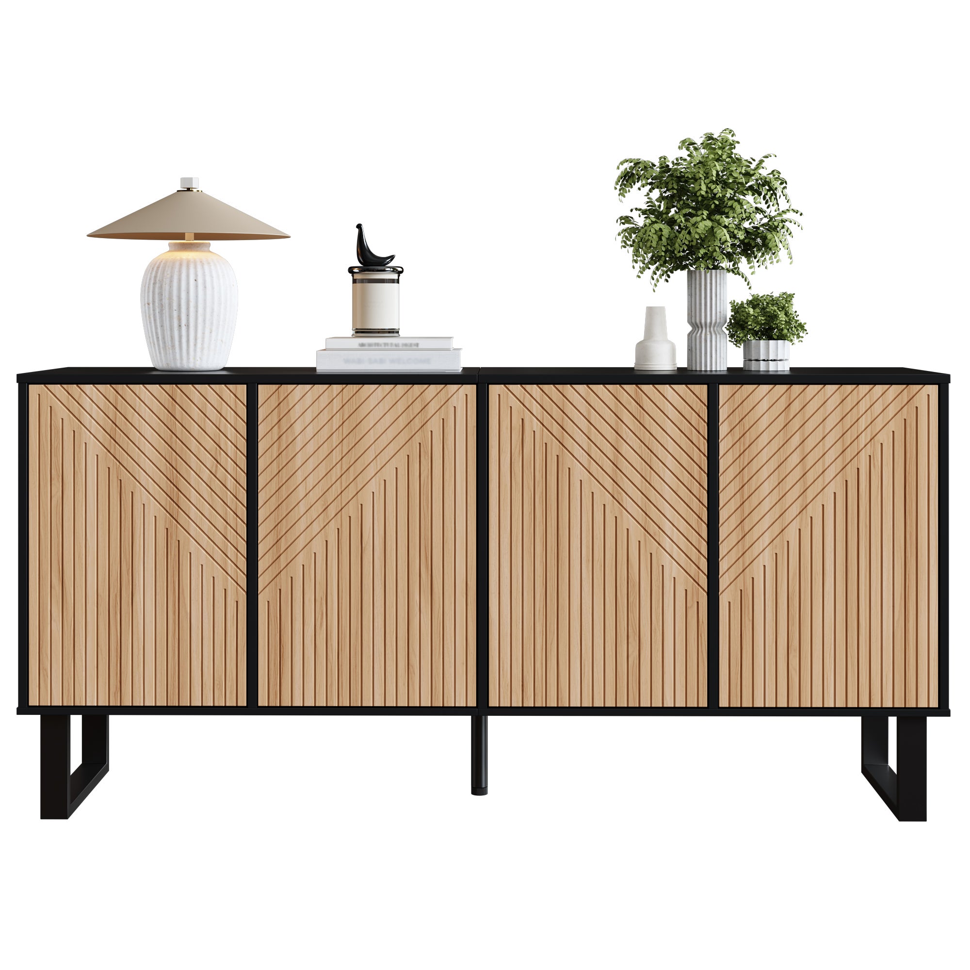 Nowoczesna komoda z 4 drzwiami - 160 x 38 x 75 cm - Płyta wiórowa + MDF - Kolor naturalny + czarny - 2