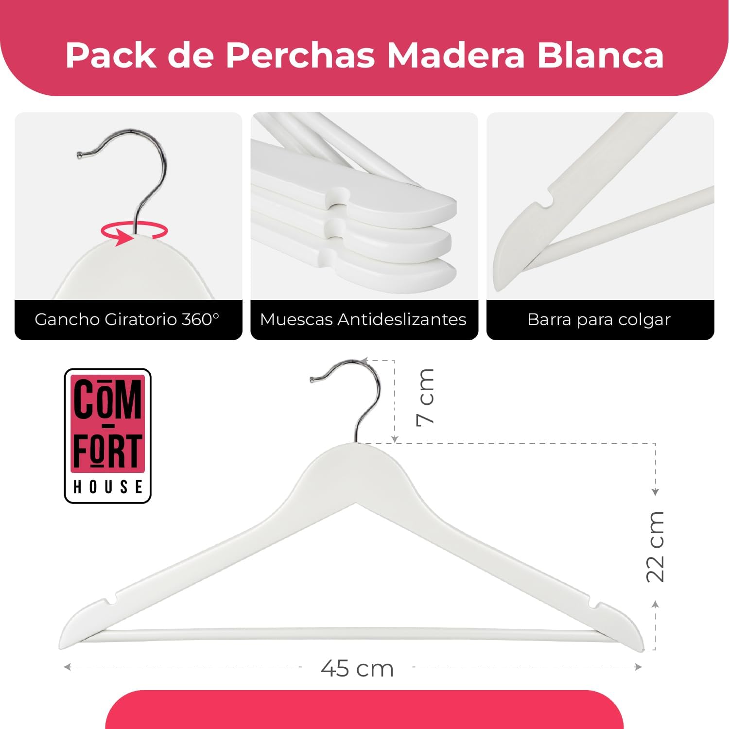 Lot de 40 Cintres en Bois Massif Blanc avec Crochet Pivotant à 360° et Encoches Antidérapante - 2