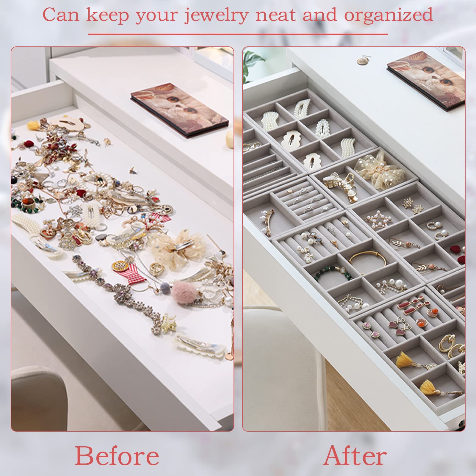 6 Pcs Plateaux Rangement, Peut Stocker/Afficher, Organisateur Tiroir a 6 Tailles Différentes, Plateau Bijoux Velour pour Bague/Collier/Bracelet - 3