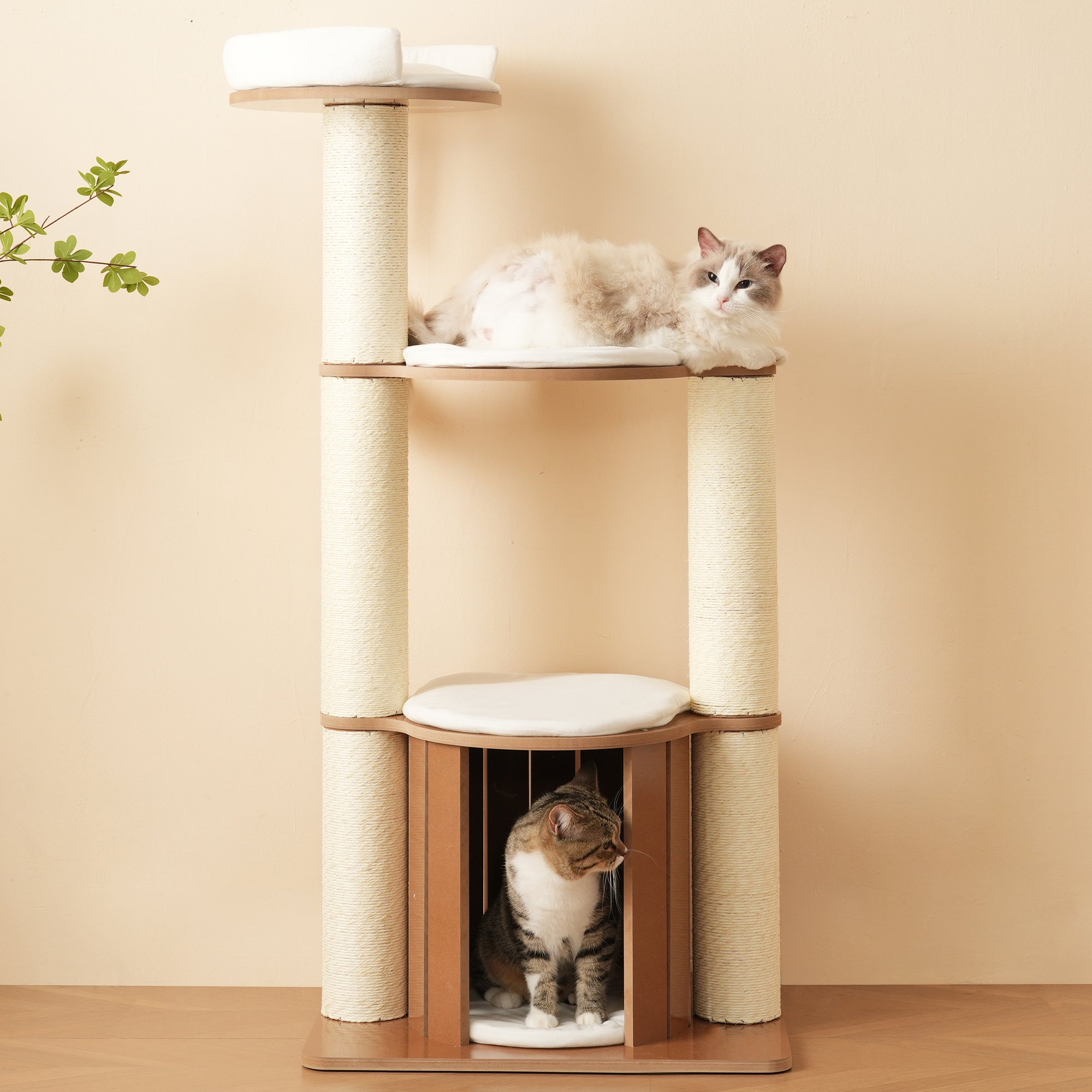Arbre à chat avec 3 plateformes, 1 niche et coussins - 60 x 48 x 135 cm - Cadre en MDF - Marron - 3