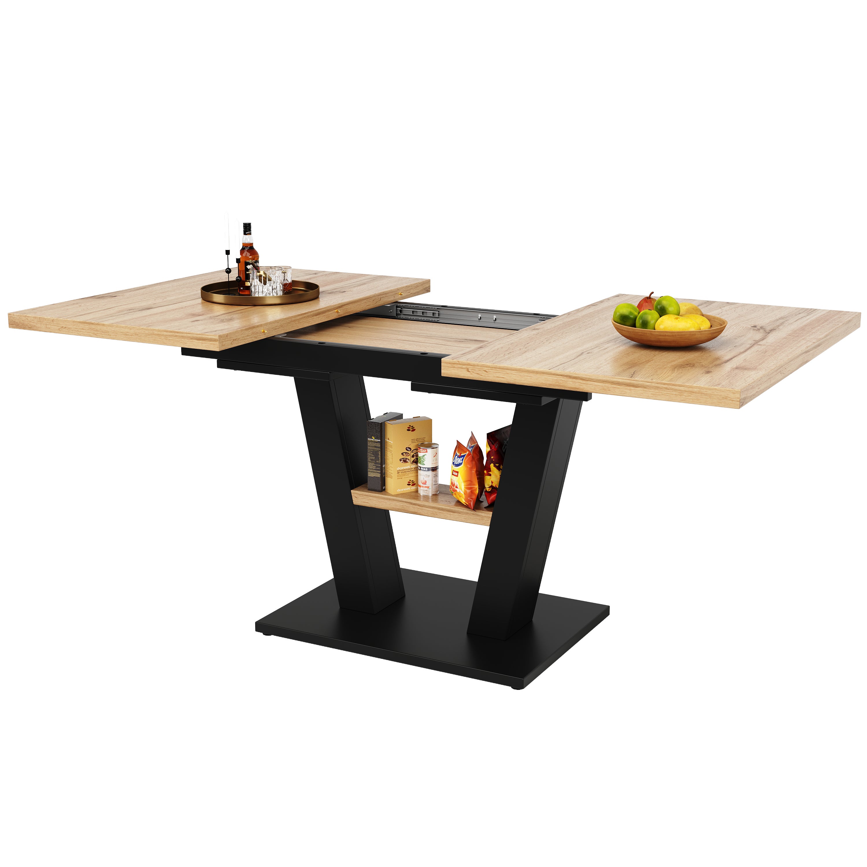 Table à manger extensible 4 à 6 couverts - 118/157 x 70 x 75 cm - Plateau extensible - MDF - Naturel + noir - 5