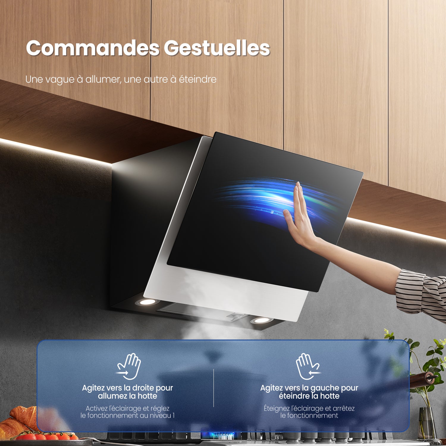 COMFEE Hotte Aspirante Inclinée 60cm - 800m³/h - Hotte de Cuisine - Classe A++ - Commandes Gestuelles - 4 vitesses - 2 Filtres à Charbon - Verre Noir - 5