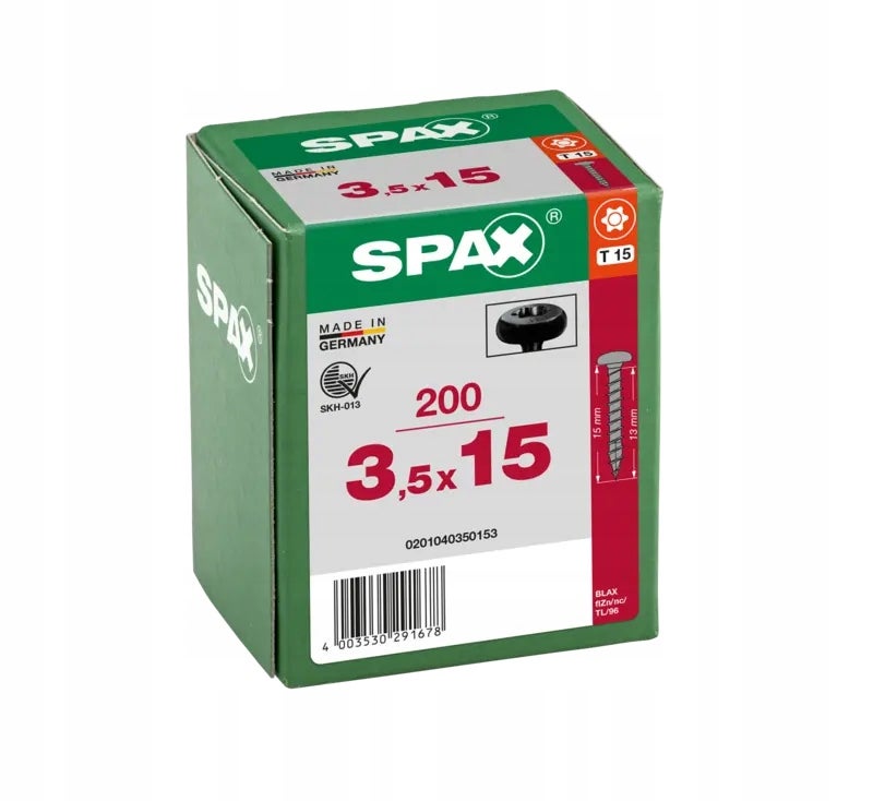 Wkręty do drewna SPAX 3,5x15mm,pełny gwint, łeb talerzowy, czarne 200szt.
