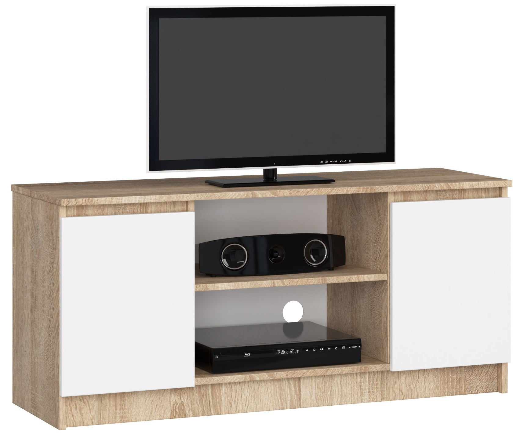 Szafka RTV AKORD Dąb Sonoma 120 cm 2 drzwi kolor Biały mat 2 półki 120x40x55 cm