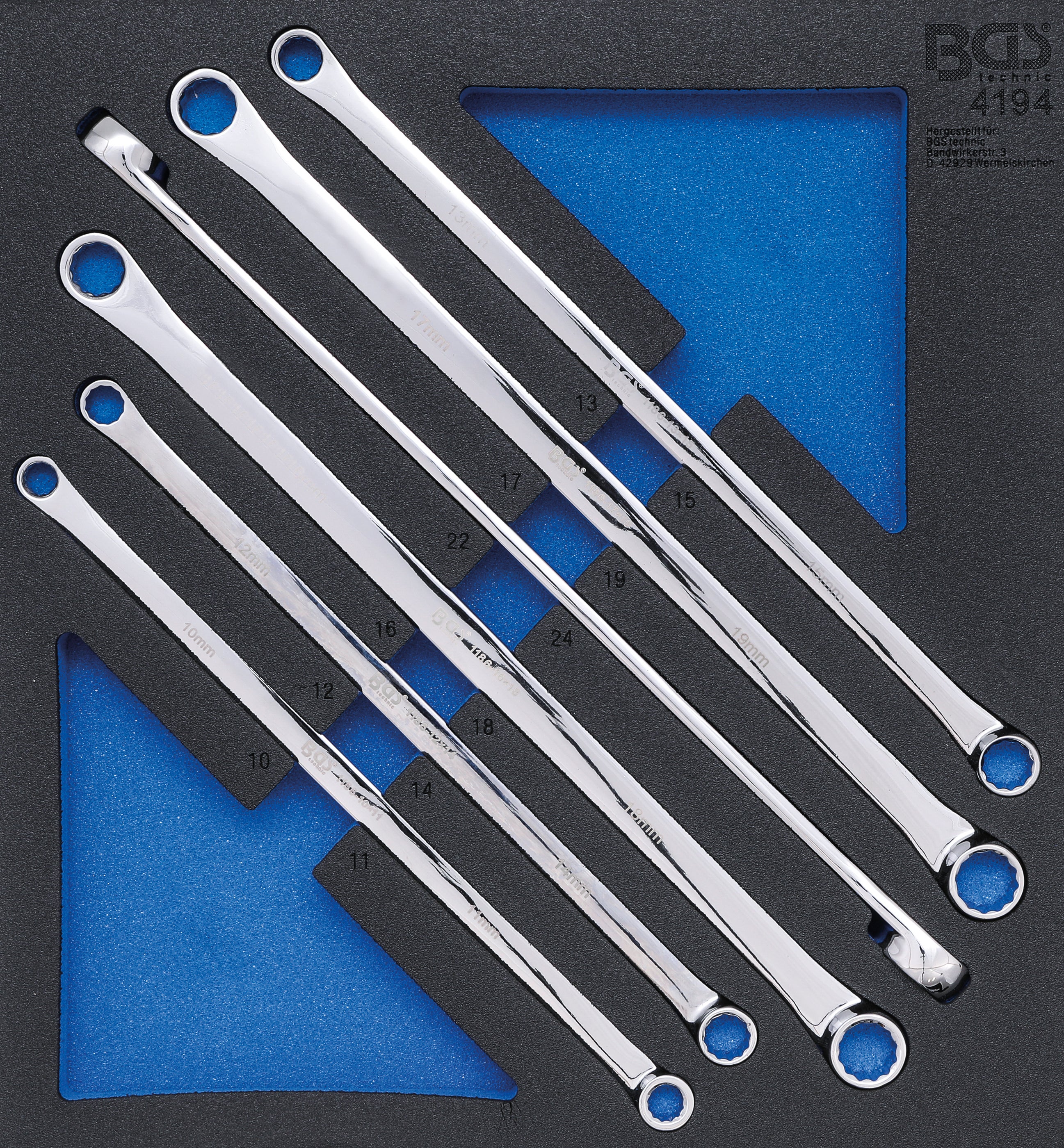 Wkładka do wózka warsztatowego BGS 2/3: Zestaw kluczy dwustronnych płasko-oczkowych, bardzo długie SW 10 x 11 - 22 x 24 mm, 6 szt. - 4194