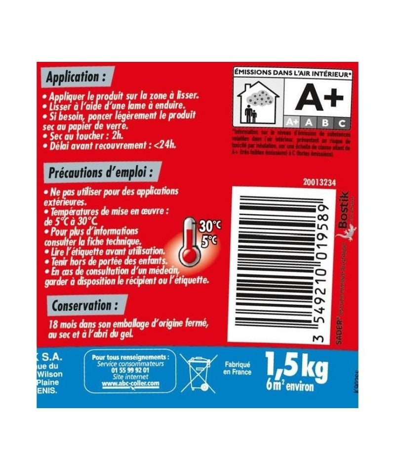 Sader Intonaco di levigatura a parete pronto all'uso, in pasta, interno e soffitto, utilizzabile come guarnizione per piastra di gesso, coperchio foro - 2