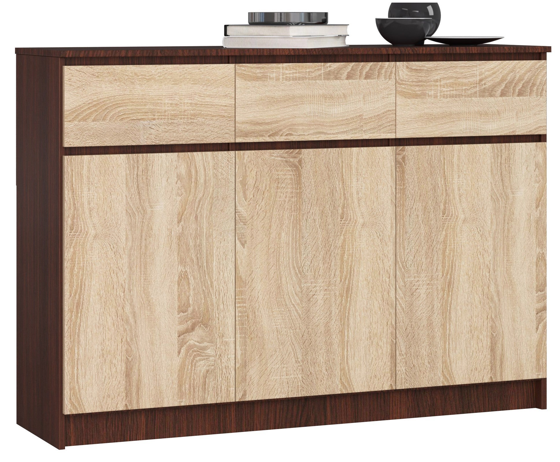 Komoda AKORD K140 Wenge 138 cm 3 drzwi 3 szuflady kolor Dąb Sonoma mat 6 półek 138x40x99 cm