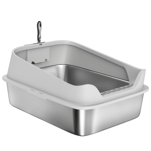 PawHut Lettiera per Gatti XXL in Acciaio Inox con Paletta, Lati Alti, Antiperdita, Antiodore, Fino a 12 kg, Grigio