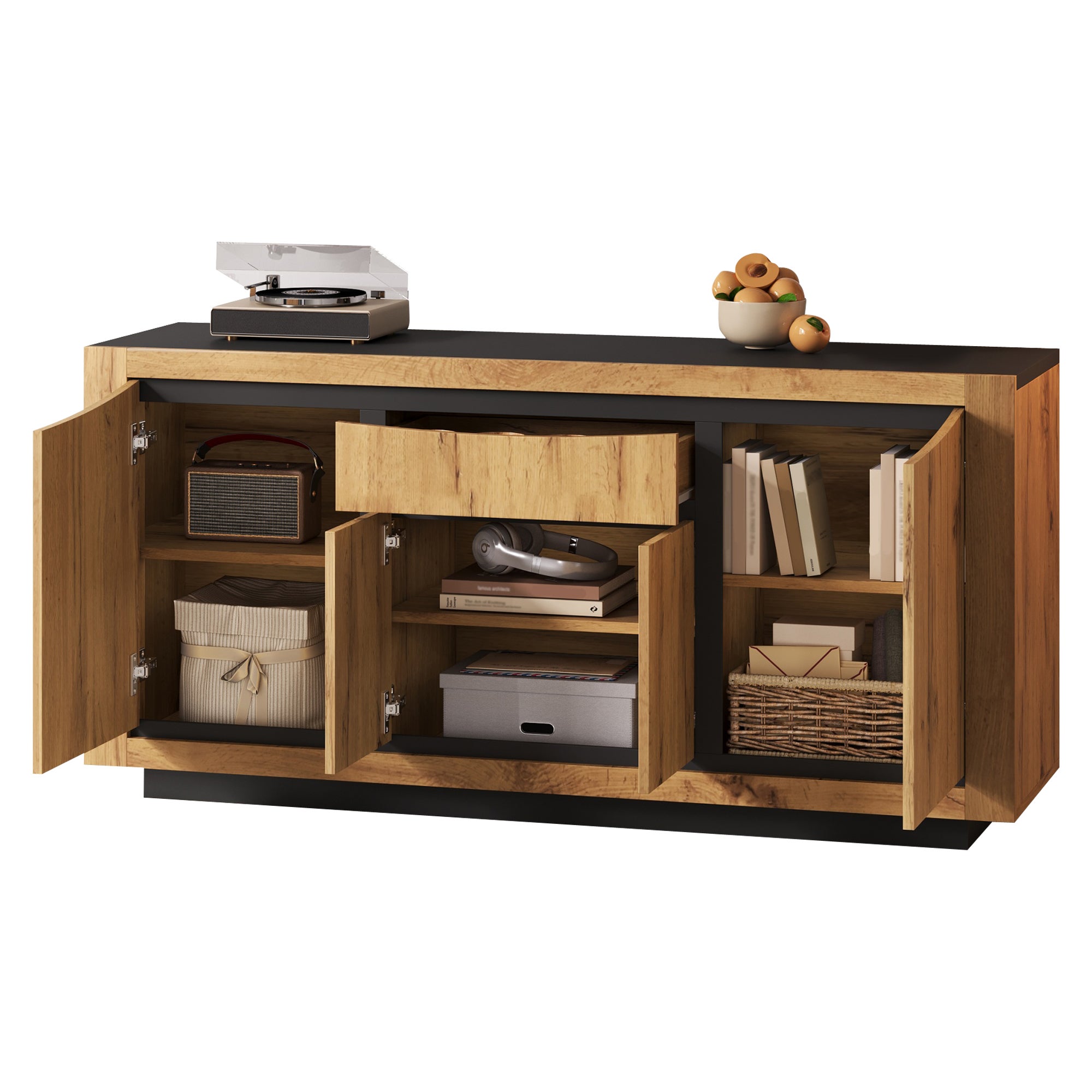 Buffet 140x38,5x52 cm - 4 portes et 1 tiroir - Commode 5 tiroirs - Finition bois - MDF - Naturel + Noir - 7