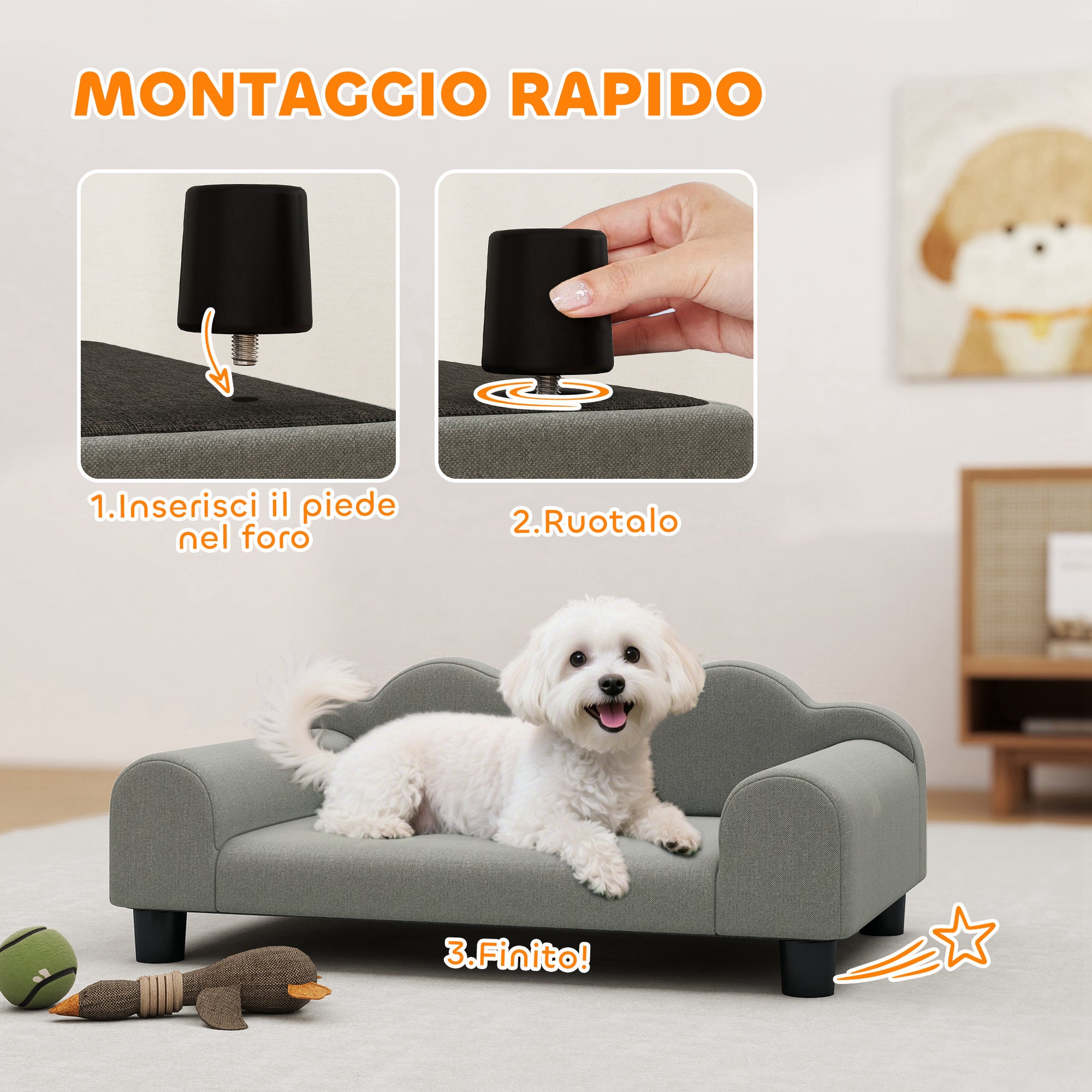 PawHut Divano per Cani con Braccioli di Supporto, in Legno e Tessuto French Terry, 66x42x28.5 cm, Grigio - 7