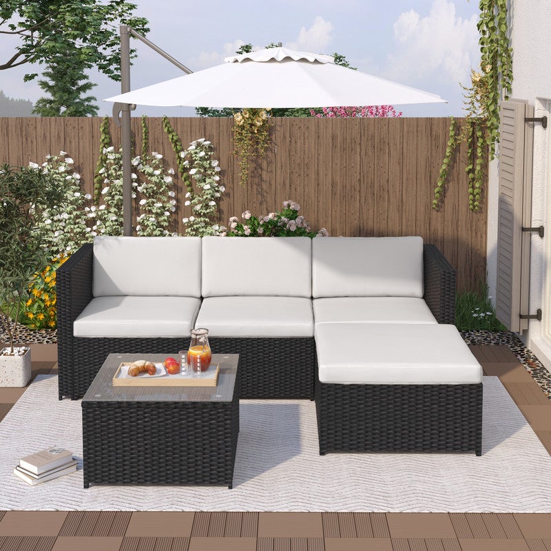 Salon de Jardin Exterieur en Rotin, Table de Jardin Exterieur avec Chaise, Canapé de Salon d'angle 4 Places avec Coussins et Table en Verre, Noir - 3