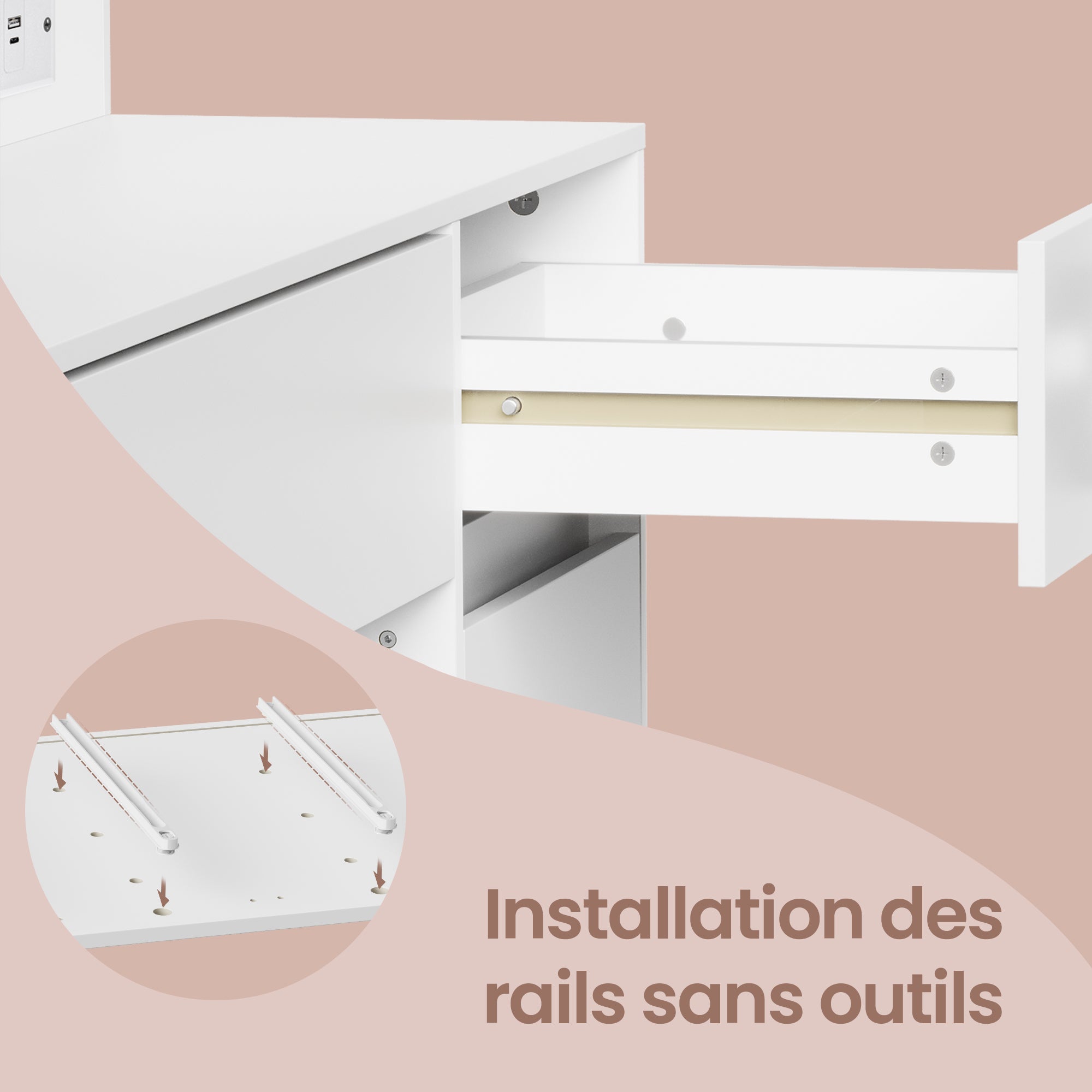 VASAGLE Coiffeuse avec Miroir LED, Multiprise, 9 Tiroirs, 9 Ampoules, Éclairage 3 Couleurs, Blanc - 8