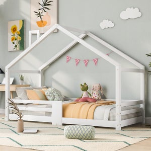 Lit Enfant 90x200 Cm Pin Massif - Barrière Anti-chute, Motif étoiles Et Lune, Style Montessori