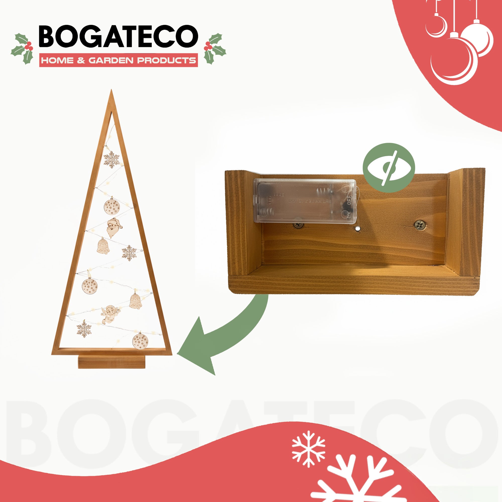 BOGATECO Sapin de Noël en bois avec LED 104 cm de haut | Décoration en bois incluse | Décorations de Noël | 100 LED | - 3