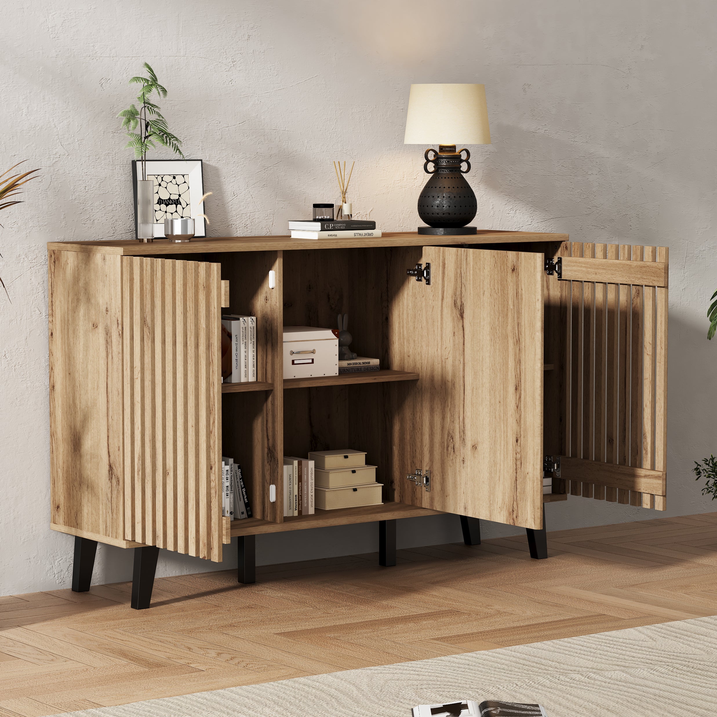 Buffet 150x40x95 cm - 3 portes et 6 compartiments de rangement - Style scandinave - Naturel - 2