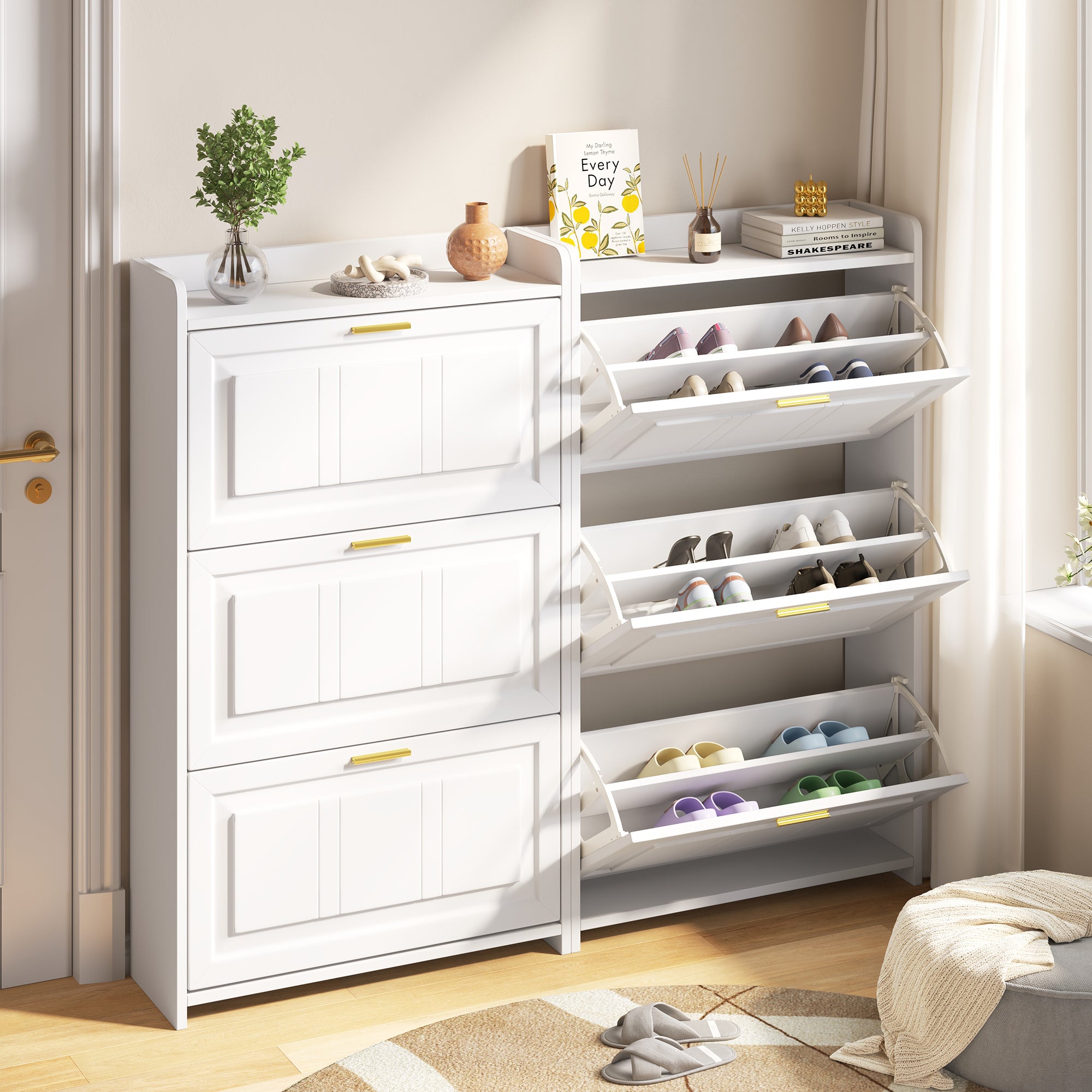 Zestaw 2 szafek na buty 70 x 24 x 120 cm – 6 drzwiczek opuszczanych – 12 przegródek – MDF i płyta wiórowa – kolor biały