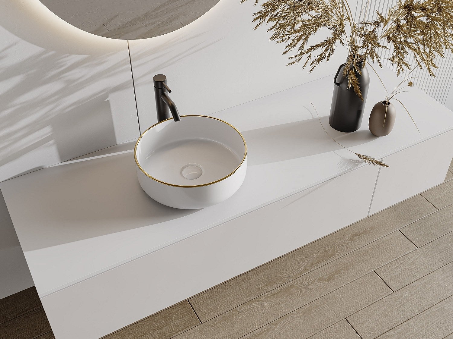 Umywalka nablatowa okrągła ceramiczna - Biały ze złotym brzegiem - 36 cm - LENISO II