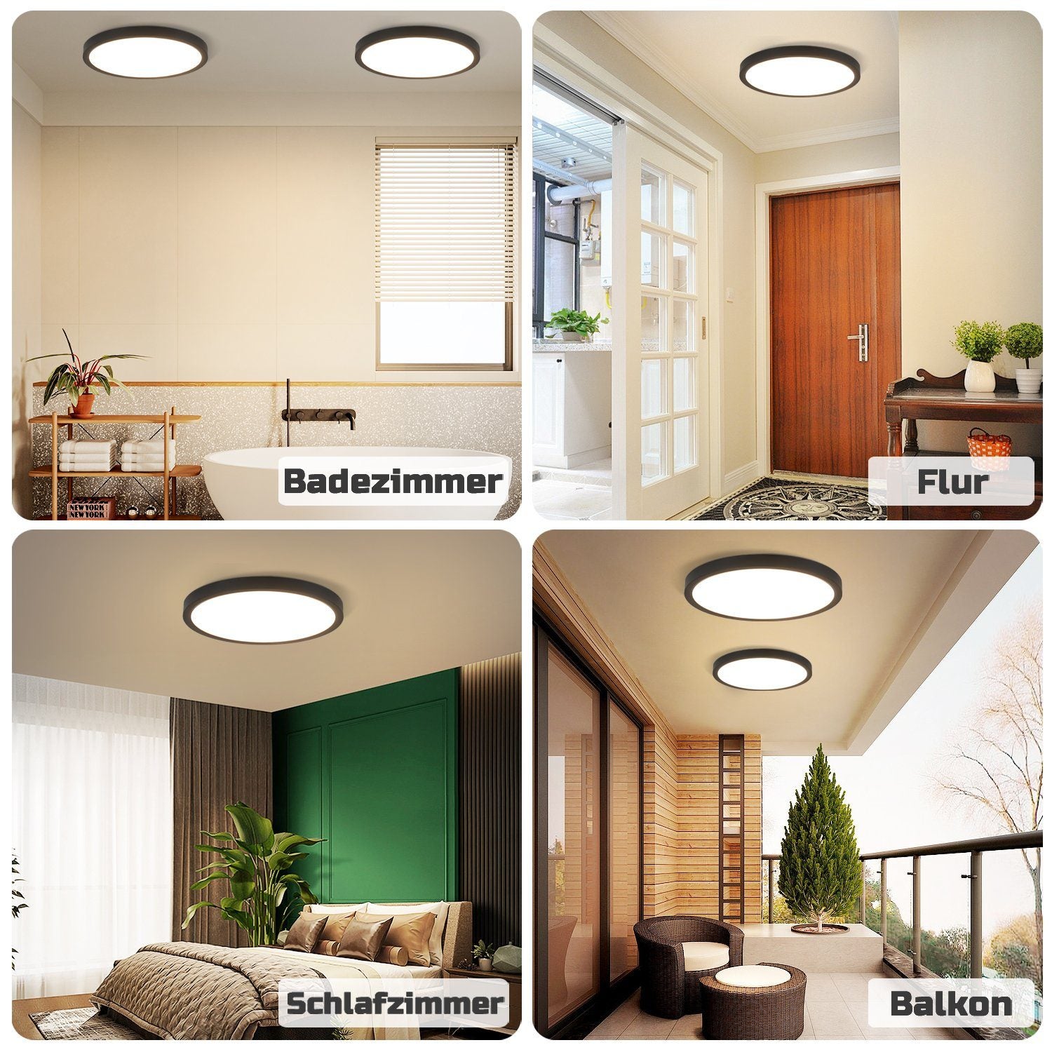 NETTLIFE Panneau LED plafonnier noir éclairage de plafond plat rond IP44 résistant aux éclaboussures - 6
