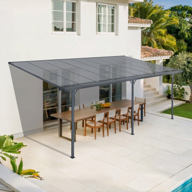 Pergola/Carport adossée 16,5m² KLEO 5,5x3m gris - toit terrasse en aluminium et polycarbonate