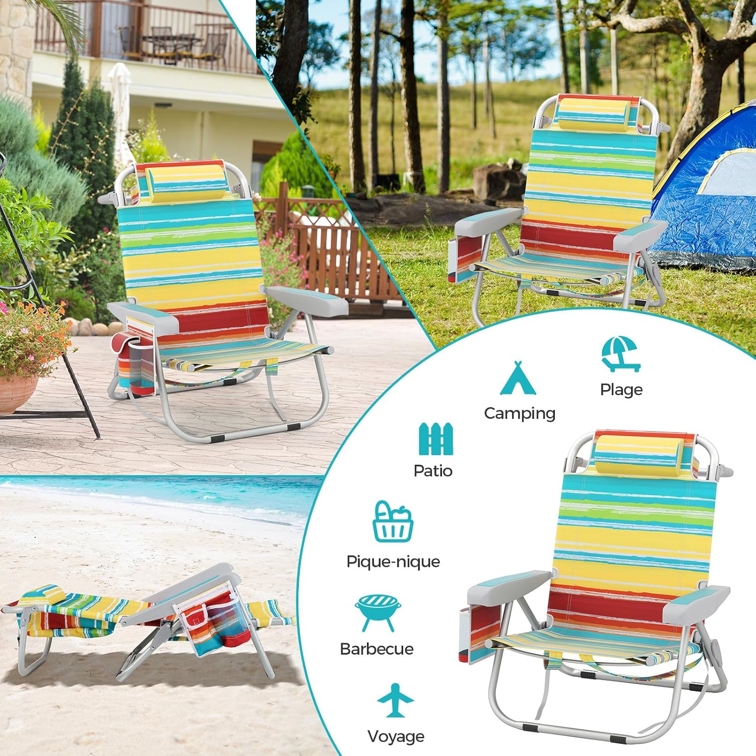 Cadeira de praia dobrável, porta-copos, porta-toalhas, almofada para a cabeça, carga máxima de 150 kg (62 x 54 x 80 cm, riscas azuis claras, 2) - 2