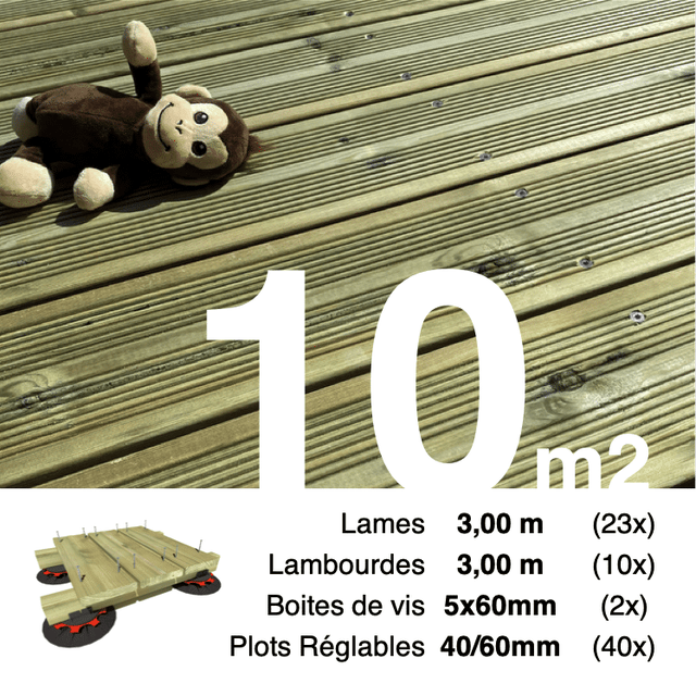 Kit complet terrasse Pin autoclave Vert pour 10 m² • Lames 3 m, lambourdes 3 m, plots réglables et visserie Inox