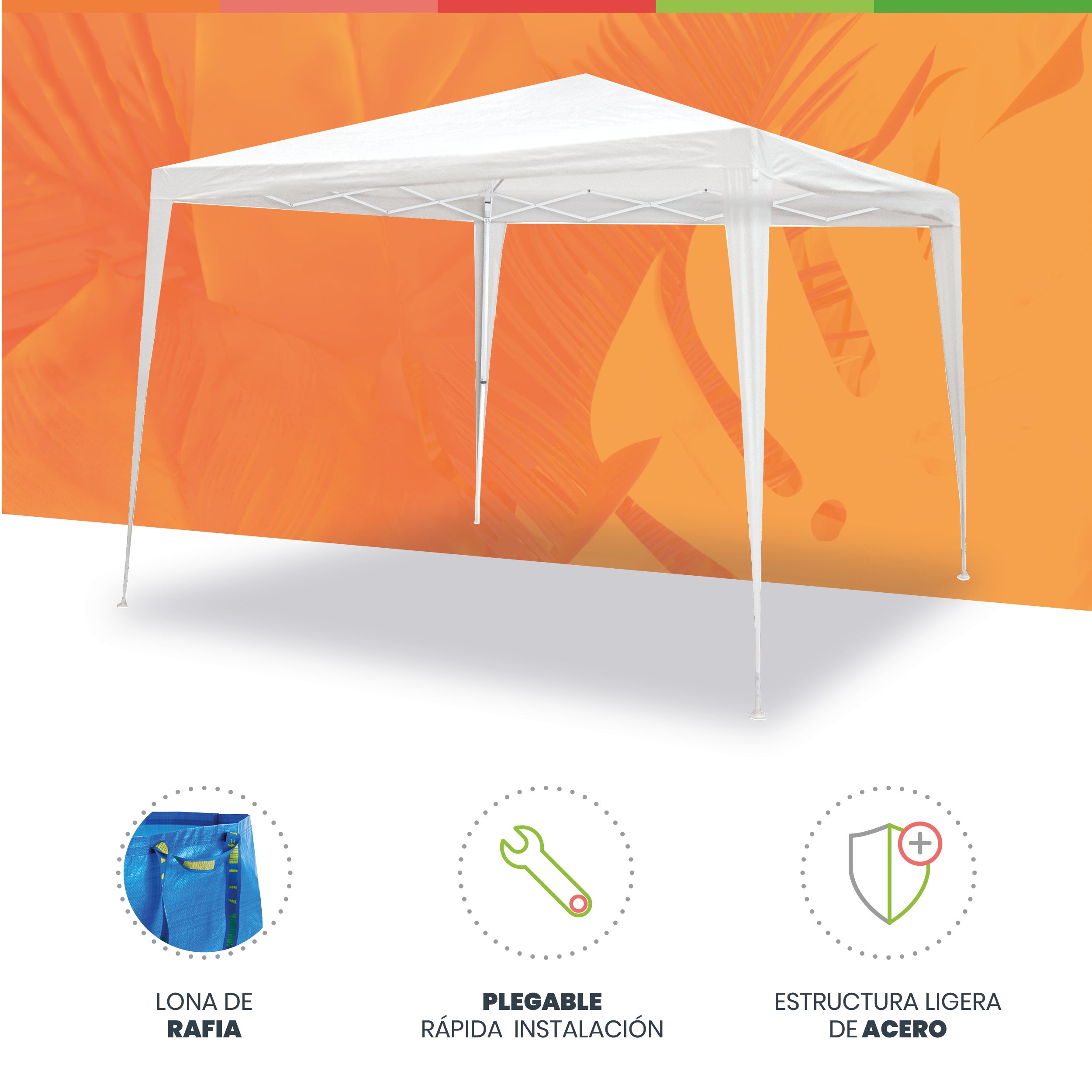 Carpa Plegable 3x3 m Blanca – Incluye Vientos y Piquetas de Fijación - Lona Rafia 100 gr/m2 - 3