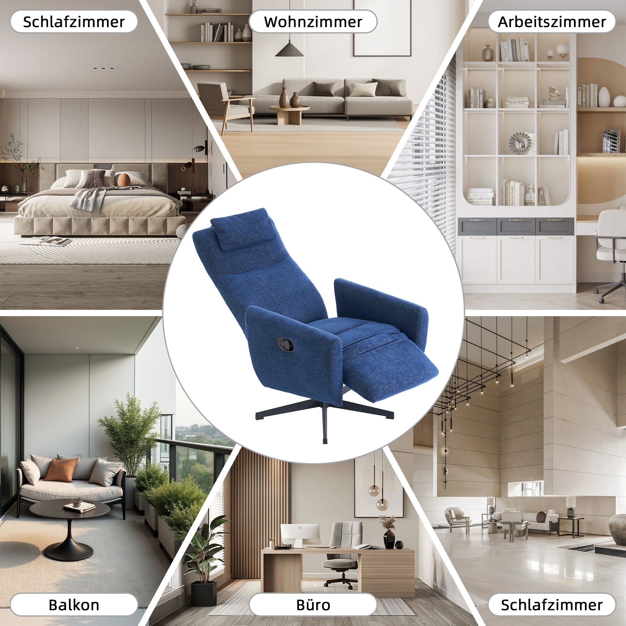 Fauteuil relax bleu avec repose-pieds, inclinable, pivotant 360°, fauteuil TV et lounge pour salon moderne - 7