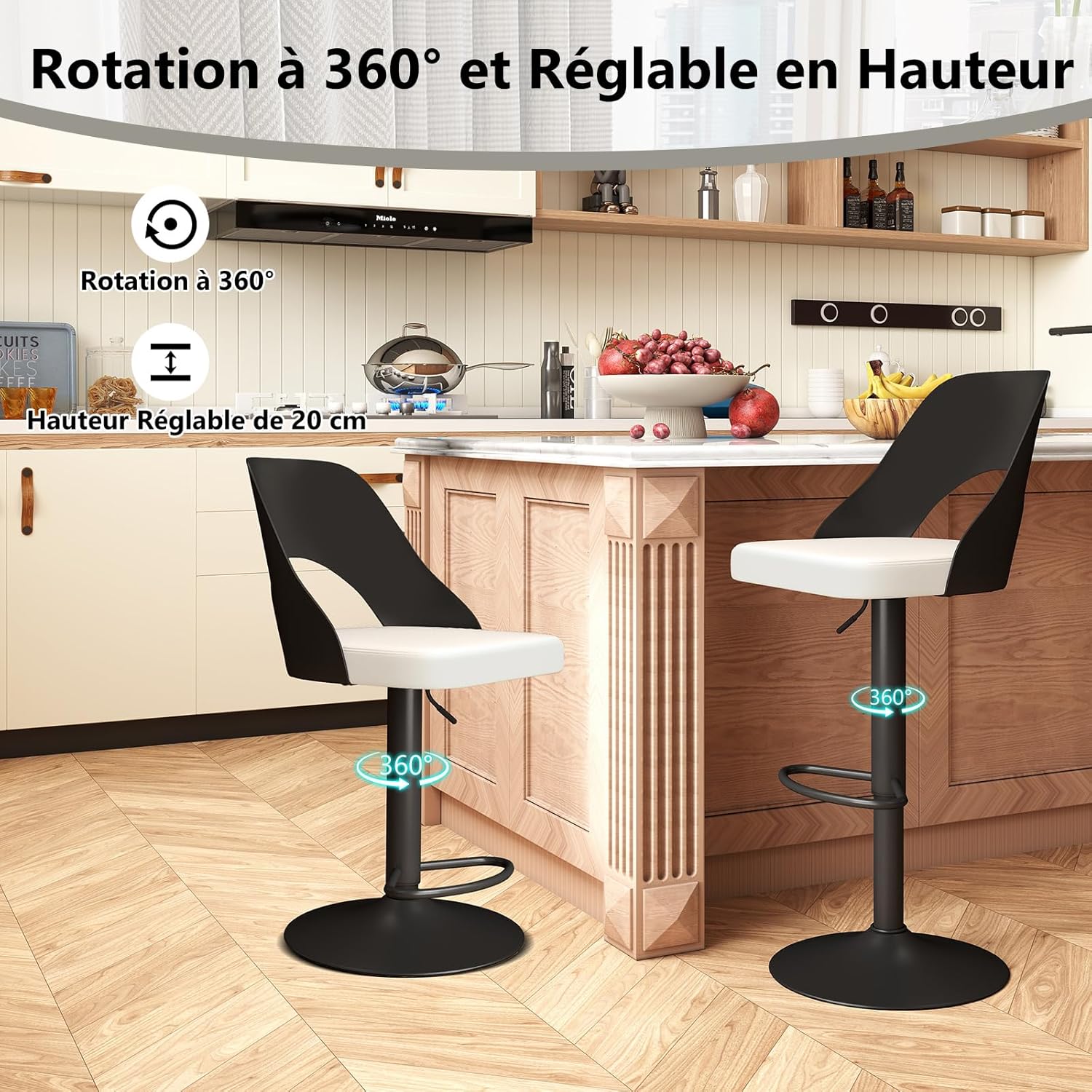 Juego de 2 Taburetes de Bar Giratorios, Sillas Ergonómicas con Respaldo, Reposapiés y Asiento con Altura Ajustable 63-83 cm (Blanco+Negro) - 5