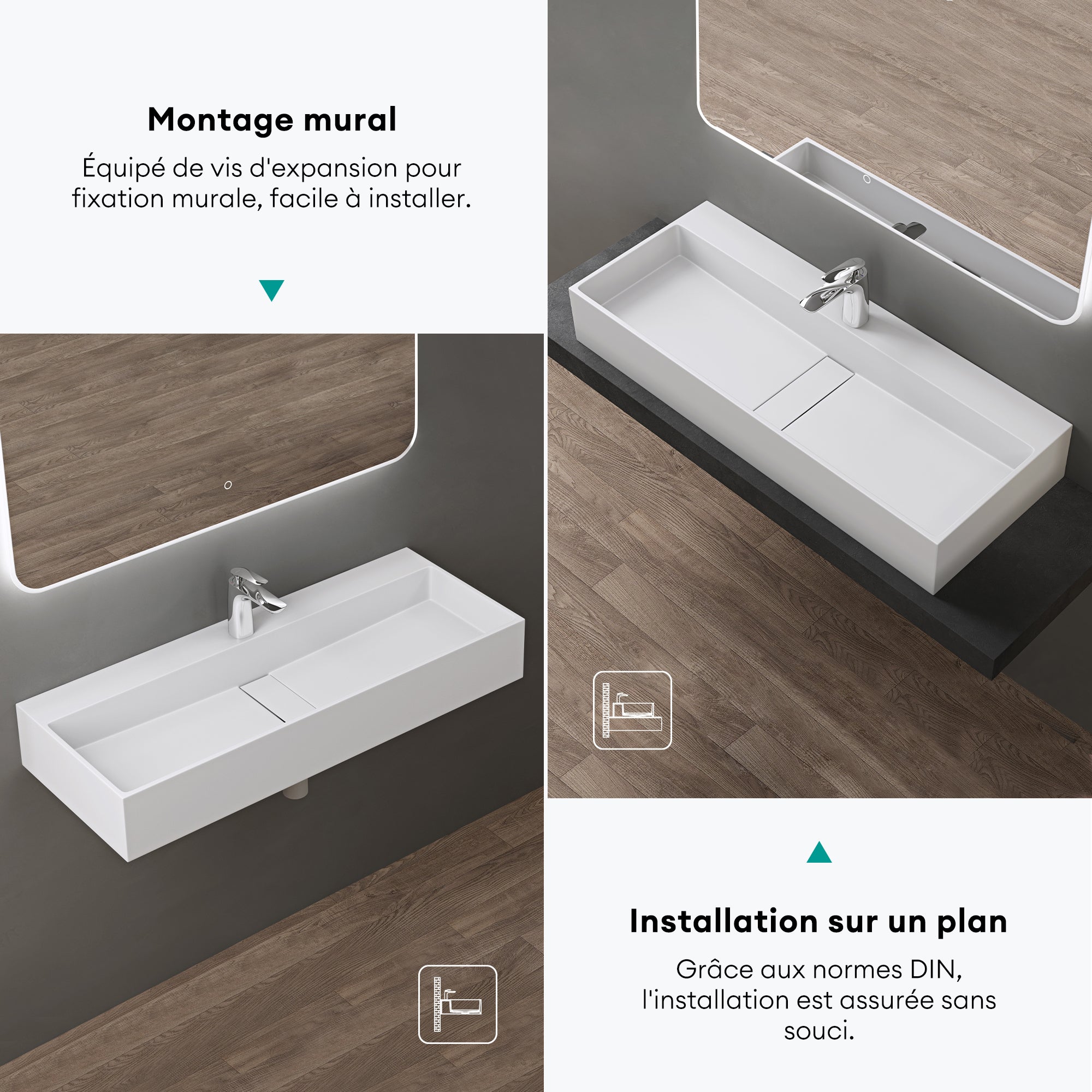 Lavabo Suspendu, Vasque à Poser, Lave-Mains Rectangulaire, 80cm, Blanc Mat, avec Cache Bonde, pour Salle de Bains, Colossum6028 doporro - 6