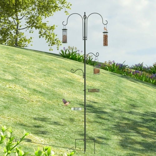 Estação de alimentação para pássaros 208 cm aço, 4 ganchos, comedouros e bebedouro, suporte completo para jardim, preto