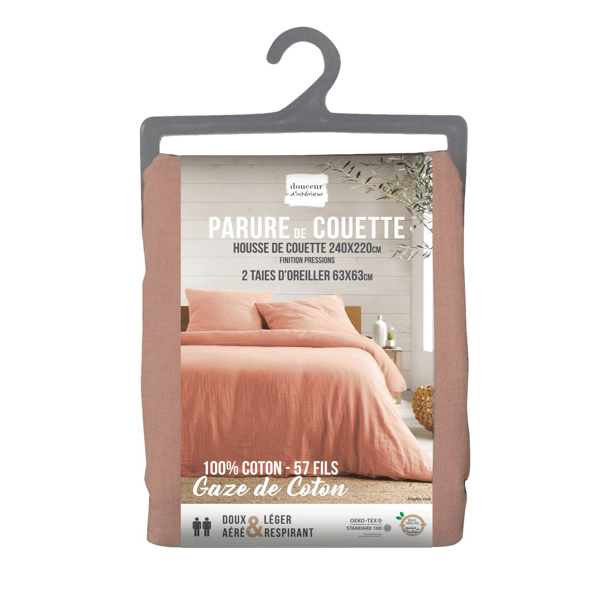 Parure de lit en gaze de coton ANGELIA - Rose Clair - 240x220 cm - Gaze de coton/Coton - 4