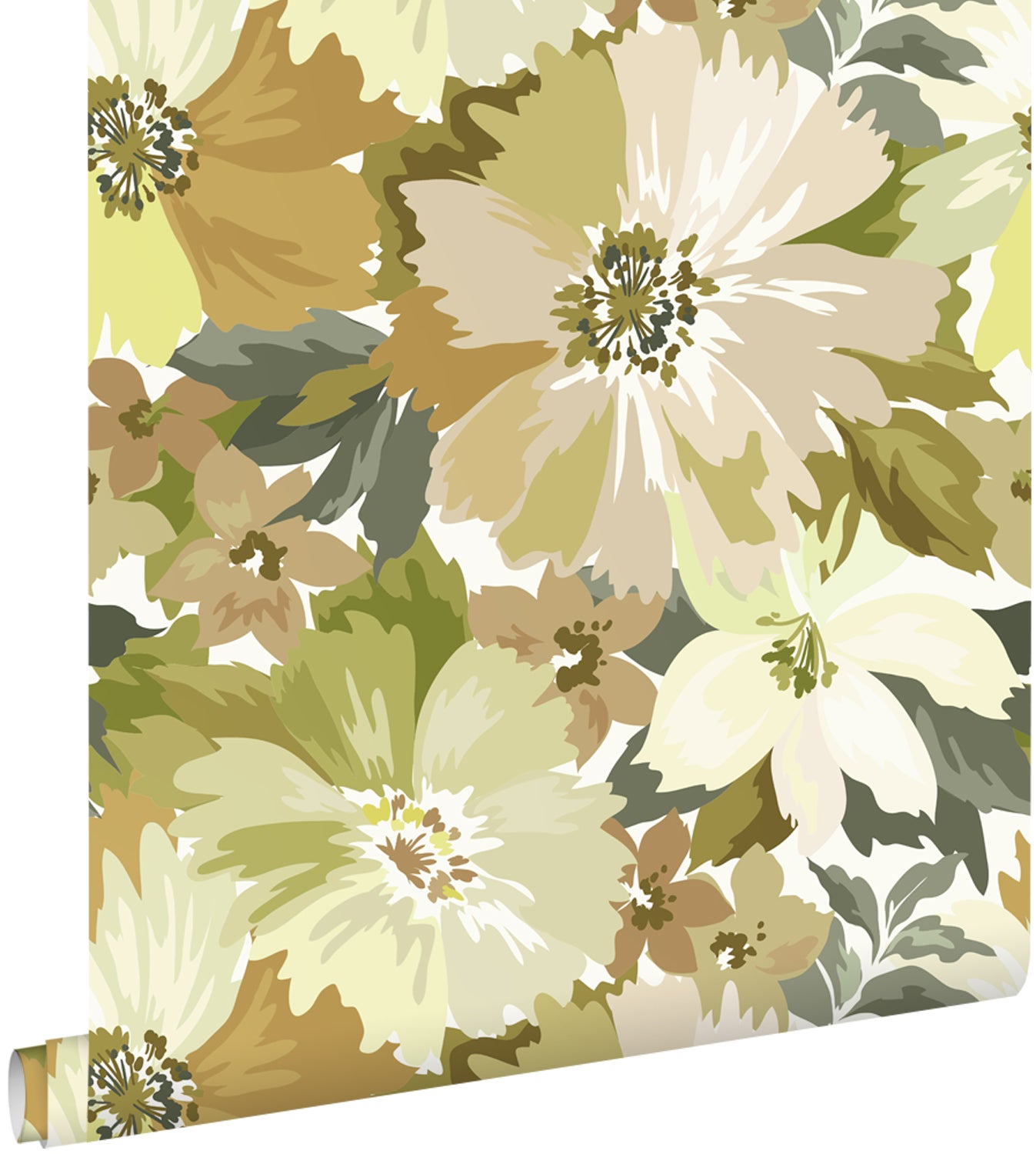 Papel pintado flores verde oliva agrisado - 50 x 900 cm - estahome