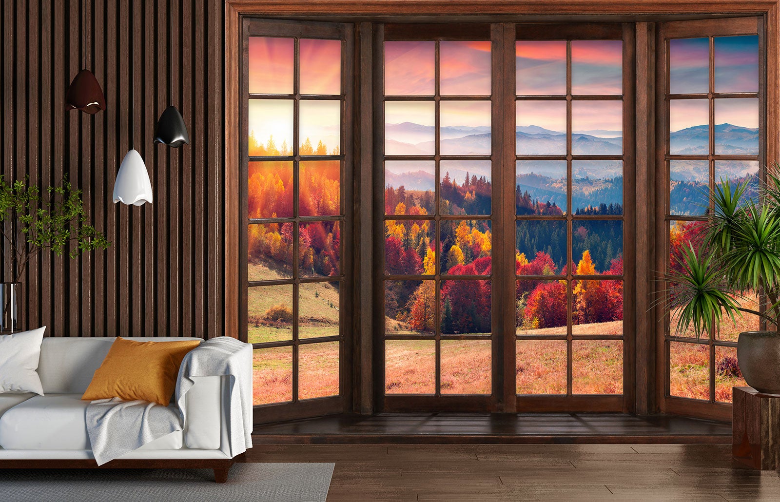 Papier peint panoramique Trompe l'oeil Fenêtre en bois - Forêt automne - Largeur 390 cm x Hauteur 312 cm - 4