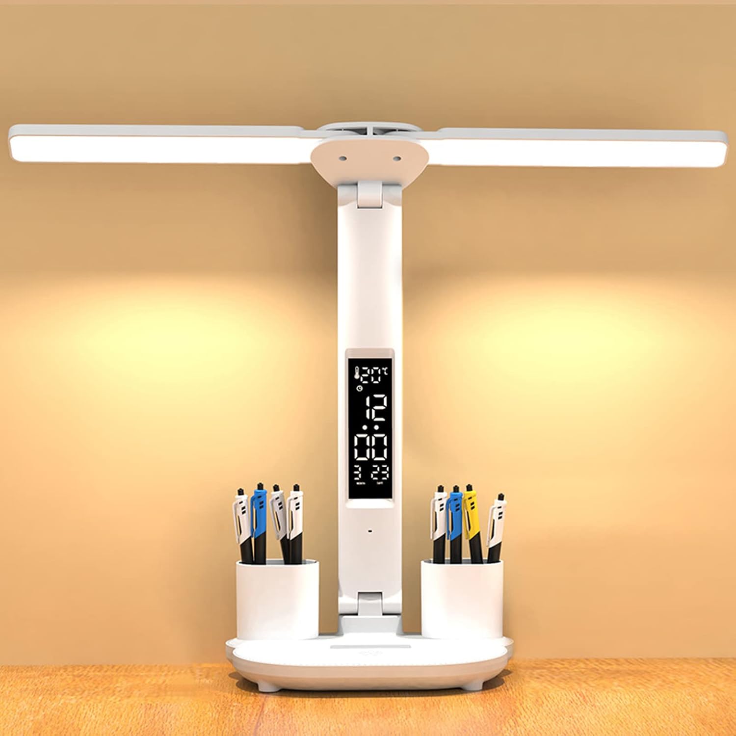 Ładowana przez USB lampka biurkowa LED z zegarem, kalendarzem, temperaturą i uchwytem na długopis, 7 W, 3 kolory, ekran dotykowy, biała