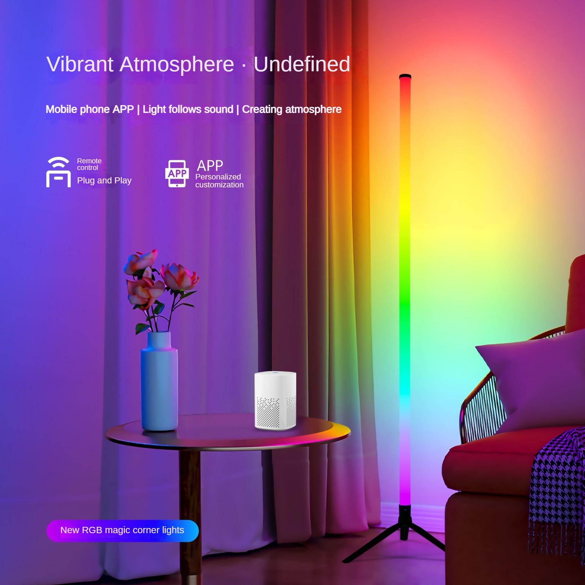 Narożna lampa LED RGB ze statywem, wielokolorowym oświetleniem otoczenia, sterowaniem za pomocą aplikacji i synchronizacją muzyki do salonu